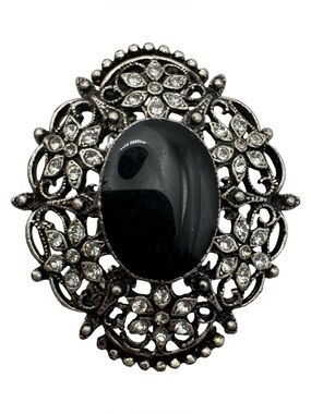 Vintage Oval Filigree Brooch Black Cabochon Clear‎ Rhinestone Silver Tone 1.25”